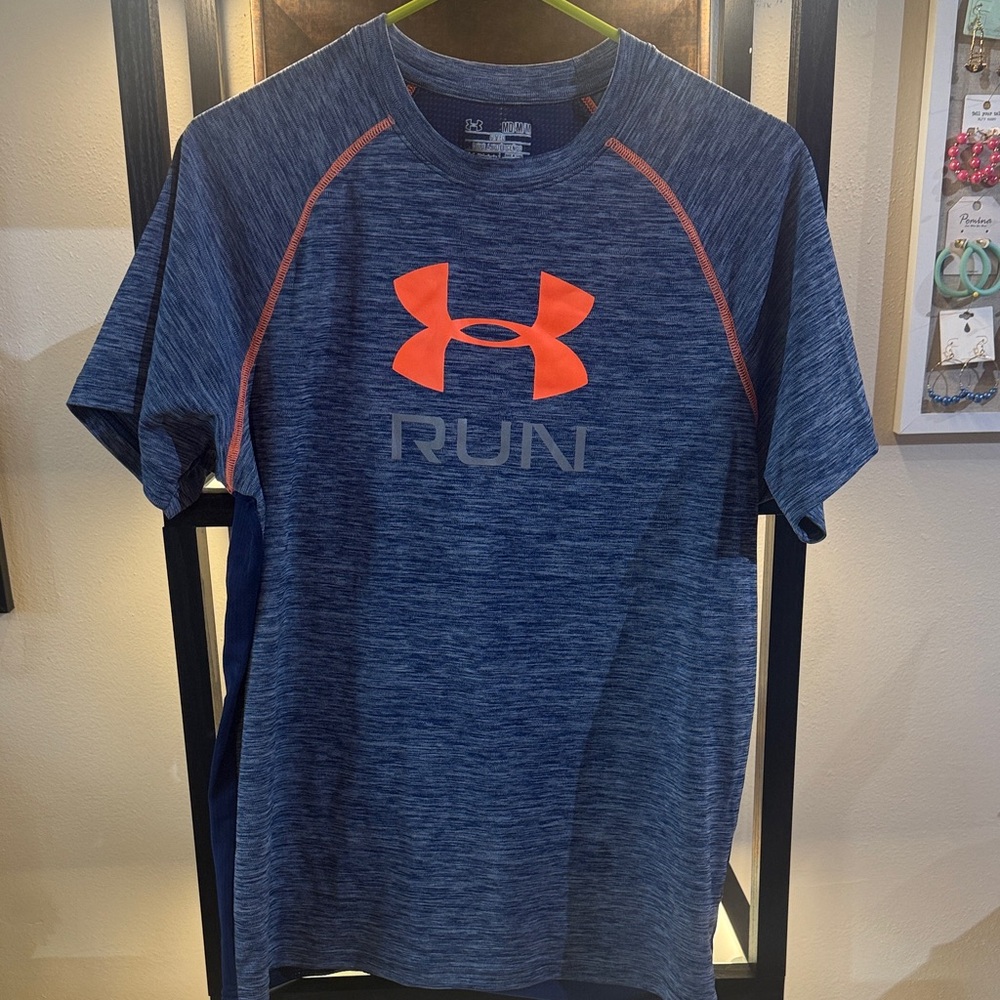 Under Armour Men's Heathered Blue Tee with Orange Logo